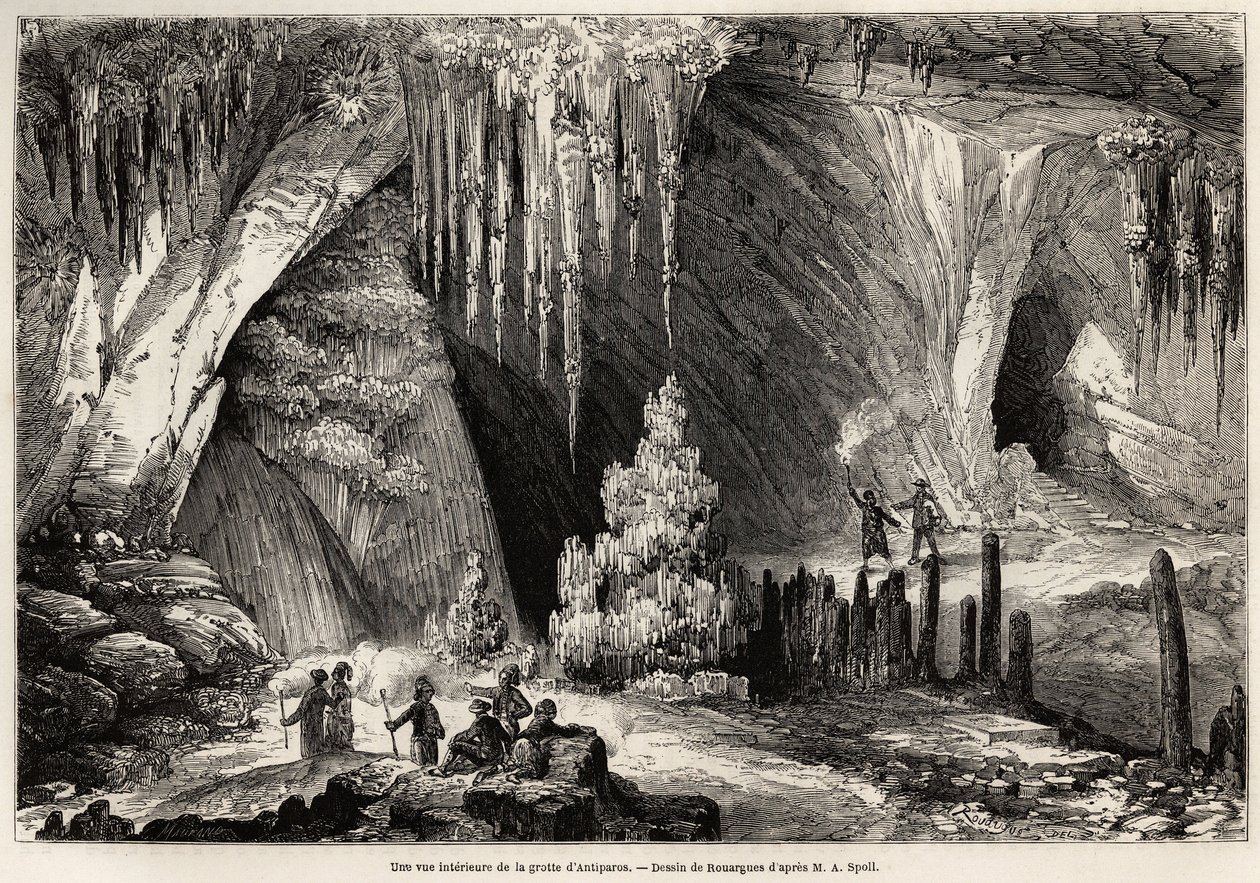基克拉泽斯岛安提帕罗斯洞穴内景，Emile Rouargue（约 1895-1865 年）绘制，用于说明 E.A.Spoll 于 1859 年对安提帕罗斯洞穴的访问。1861 年 "Le tour du monde "中的版画。塞尔瓦收藏。 作者 法语学校