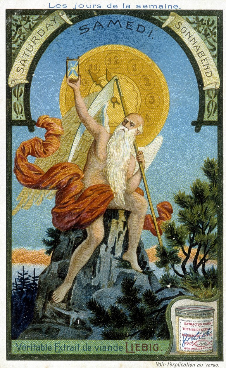 古代神灵拿着沙漏作为时间流逝的象征来说明星期六。 Liebig 色谱广告卡。 作者 法语学校