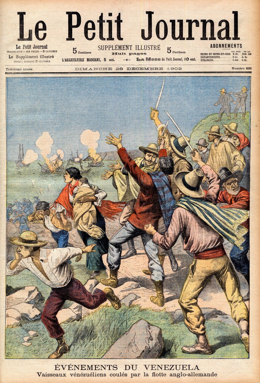 1902-1903年英德对委内瑞拉的干预 - 1902年12月28日《小报》的第一页：委内瑞拉的事件。委内瑞拉的船只被英国和德国舰队击沉（雕刻）。 作者 法语学校
