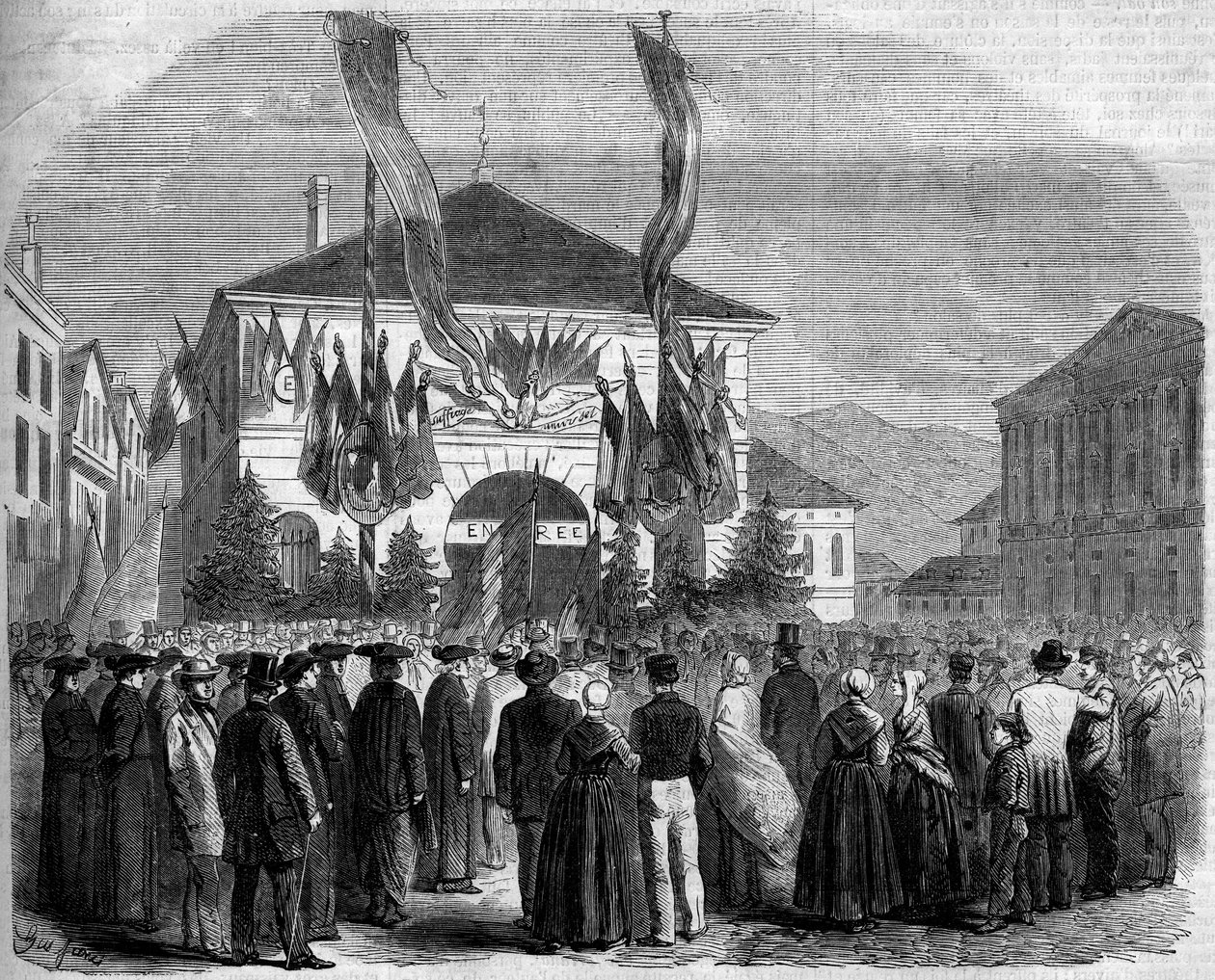 Annexation of Savoie to France, Chambery, 22 April 1860: vote of the population on the attachment of Savoie to France. Engraving in “” Le Monde Illustré”” n°160 of 5 May 1860. 作者 法语学校