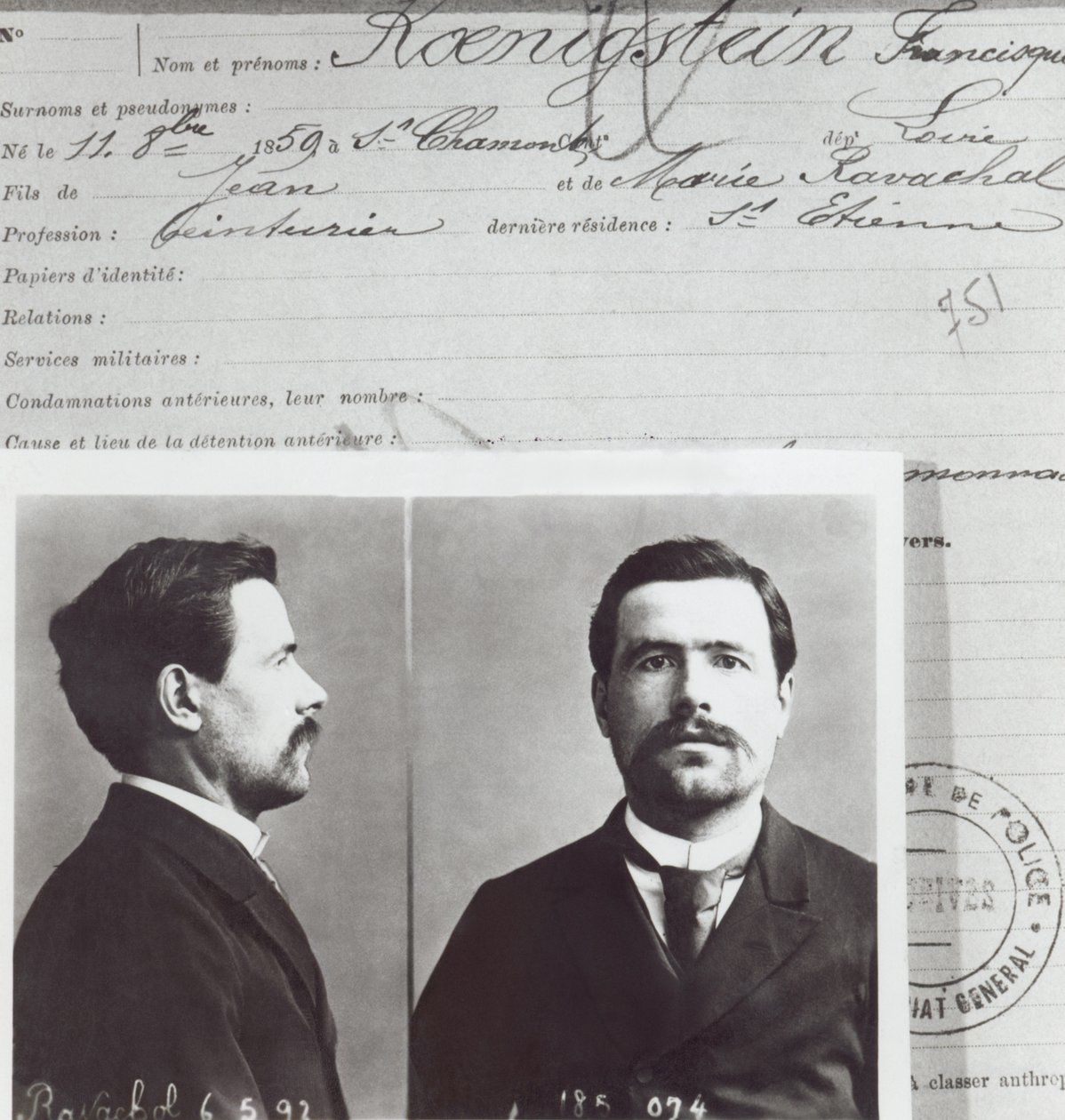 Francois Claudius Koenigstein的人体测量形式，即所谓的Ravachol（1859-92）， 作者 法语学校