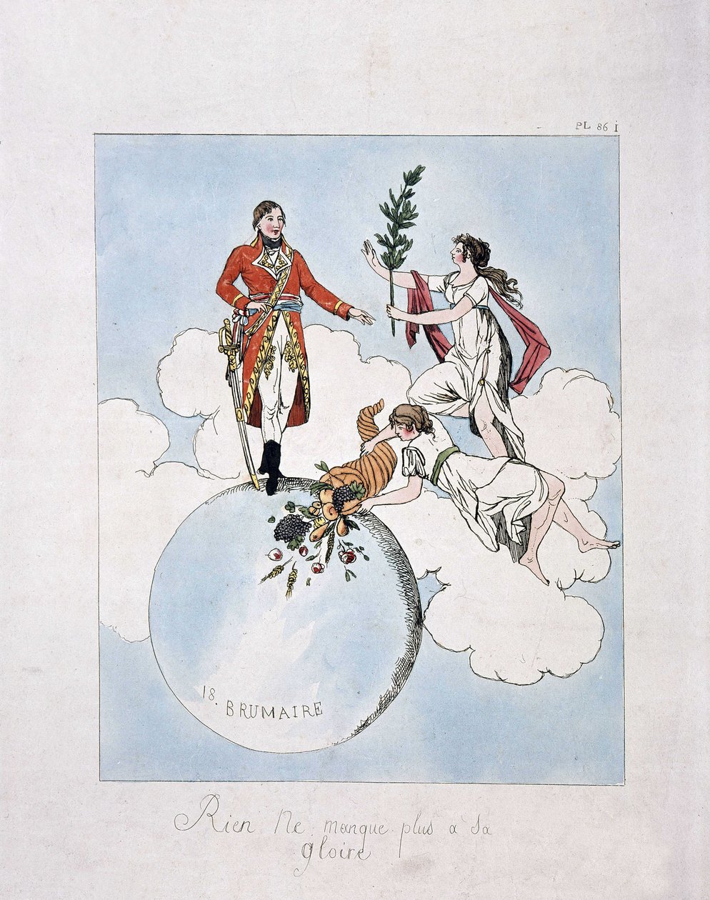 拿破仑-波拿巴在18brumaire年第八次政变期间（1799年11月9日）的神化。(仙女们向他赠送月桂和丰饶的角) 作者 法语学校