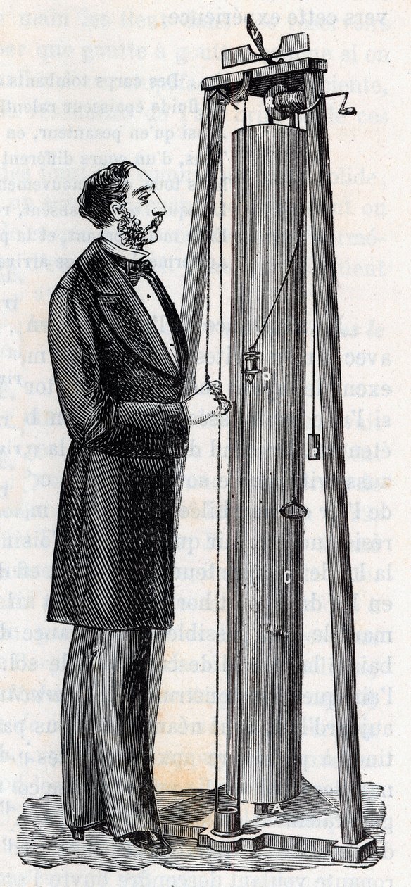 阿瑟-儒勒-莫兰（1795-1880）的仪器，用于研究物体的坠落 - Alexis Clerc的 "科学带给所有人的恩惠--大众物理学和化学 "中的版画 - 19世纪末 - 私人收藏 作者 法语学校