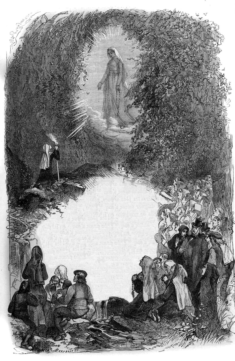 圣母玛利亚在上比利牛斯省卢尔德山洞中向伯纳黛特-苏比鲁（1844-1879）显现（65）。 作者 法语学校