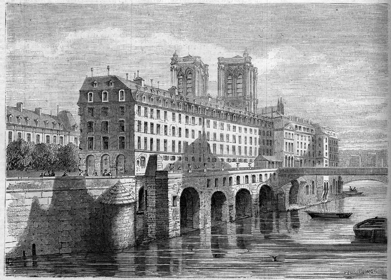 建筑：位于巴黎Ile de la Cite的Dieu酒店的外景，在其拆除之前。1859年从Quai de la Tournelle拍摄的景色。1859年11月19日《世界画报》第136期的版画。 作者 法语学校