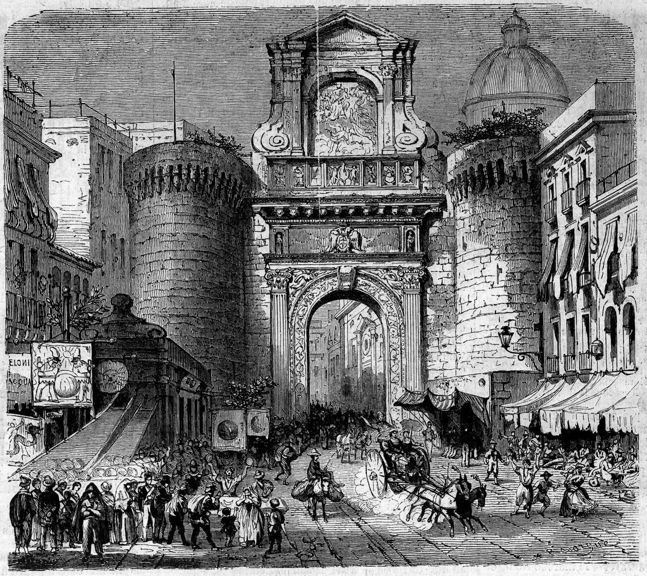 建筑：那不勒斯的卡普那门（Porta Capuana）（1484年）的景色，1860年加里波第的千人远征队或红衫军进入时的情景。1860年9月22日《世界画报》第180期上的版画。 作者 法语学校