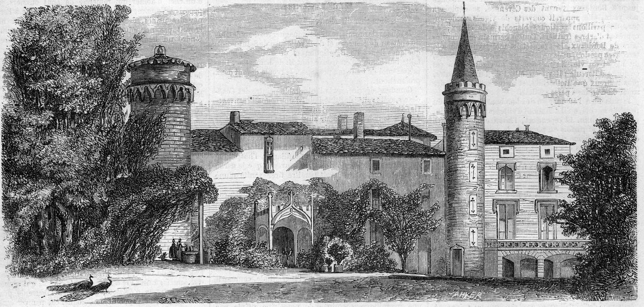 建筑：圣点（Saint-Point）城堡的景观（13世纪），Alphonse de Lamartine的住所。索恩河和卢瓦尔河（71）。1857年10月31日《世界画报》第29期上的版画。 作者 法语学校