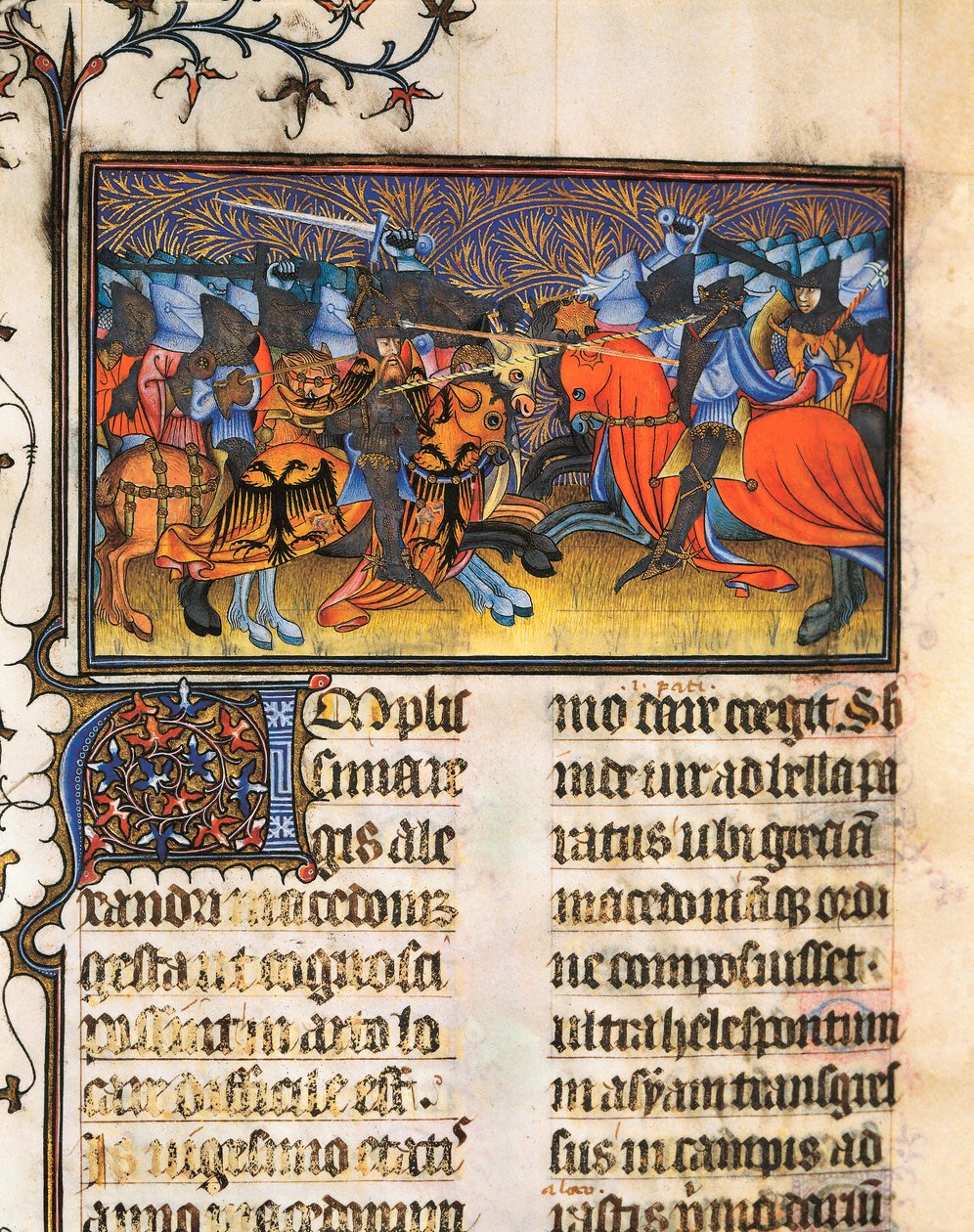 陆军战斗机。 取自 Francesco Petrarca 或 Petrarch（1304-1374）的手稿的缩影，意大利博学、诗人和人文主义者，De Viris Illustribus，23rv。 瓦伦西亚大学图书馆。 作者 法语学校