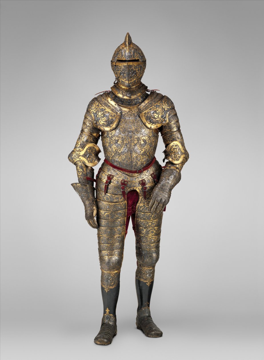 法国国王亨利二世的盔甲（1547-59年在位），约1555年（钢、金、银、皮革、纺织）。


日期：约1555年 介质：钢、金、银、皮革、纺织品钢、金、银、皮革、纺织品 作者 法语学校