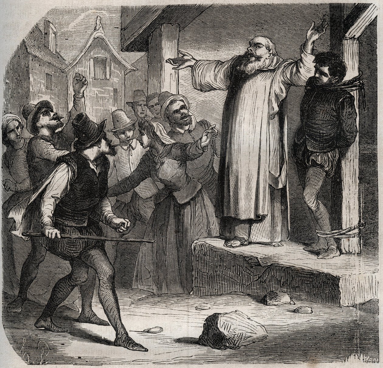 Arnaud du Tilh (Thil)因篡夺Martin Guerre的身份而被绑在绞架上，并在被处决前受到人群的侮辱（约1524年约1560年）。亨利-德-科克（Henry de Kock）于1871年在 "Histoire Des Cocuses Celebres "中的版画（181页）。 作者 法语学校