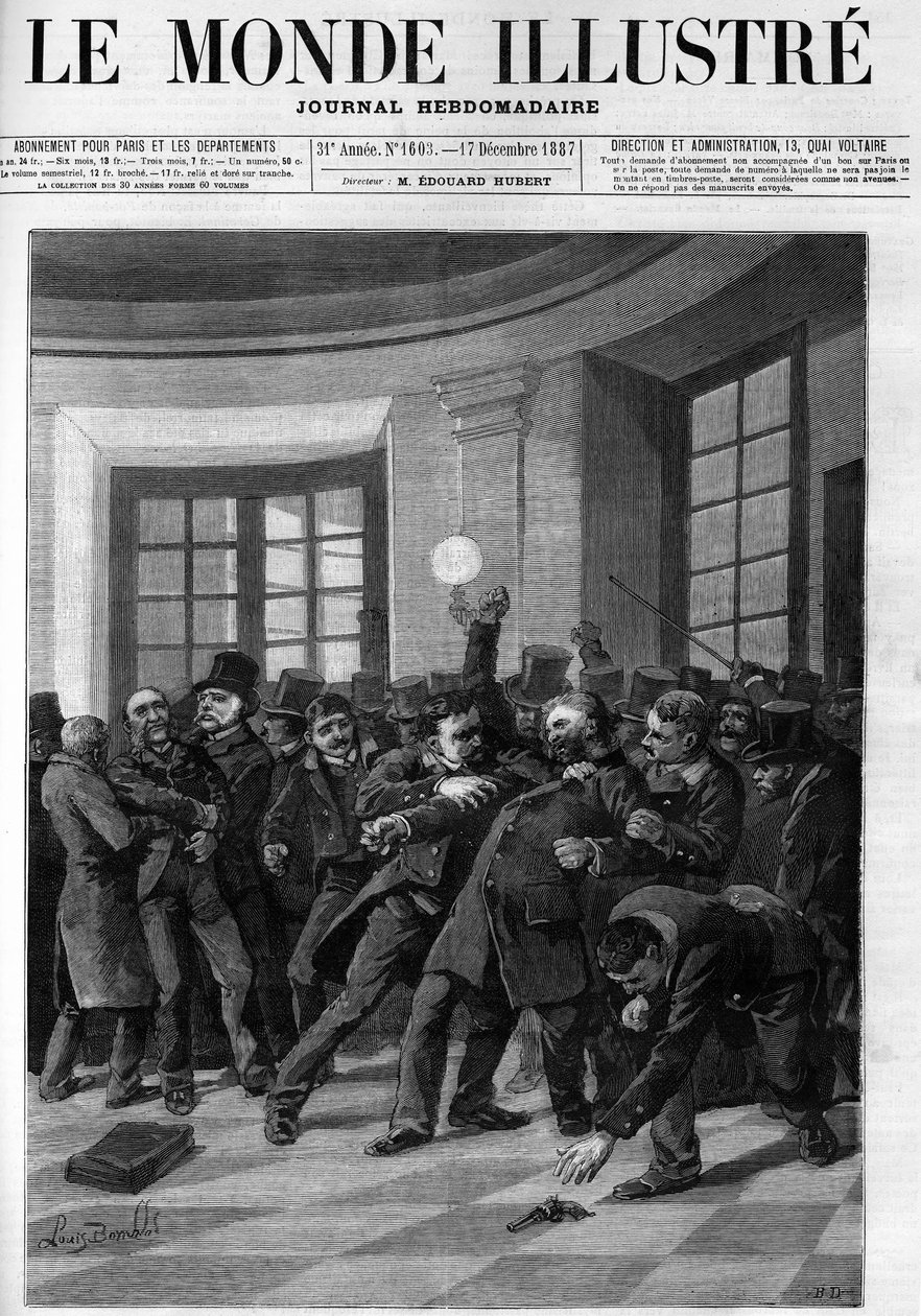 1887年，奥贝尔坦在波旁宫企图袭击朱尔斯-费里后被捕。1887年的《图画世界》的封面。 作者 法语学校