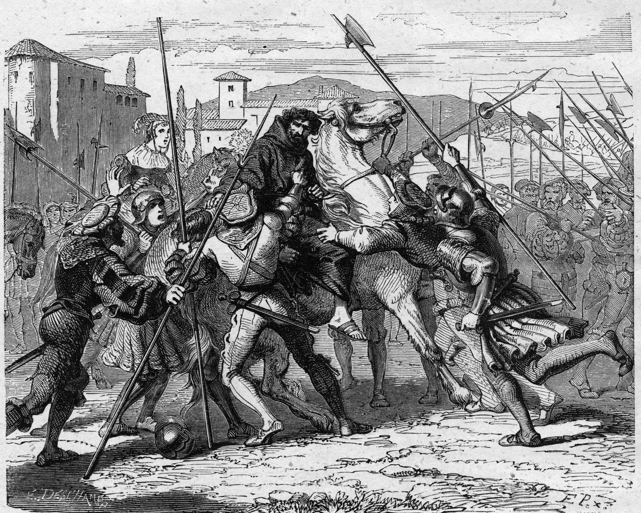 卢多维克-玛丽-斯福尔扎（Ludovic Marie Sforza dit le More）（1452-1508）于1500年在米兰被捕，他被瑞士雇佣兵出卖，落入法国军队手中。雕刻在 "Histoire De France En Cent Paintings by Paul Lehugeur "中。 作者 法语学校