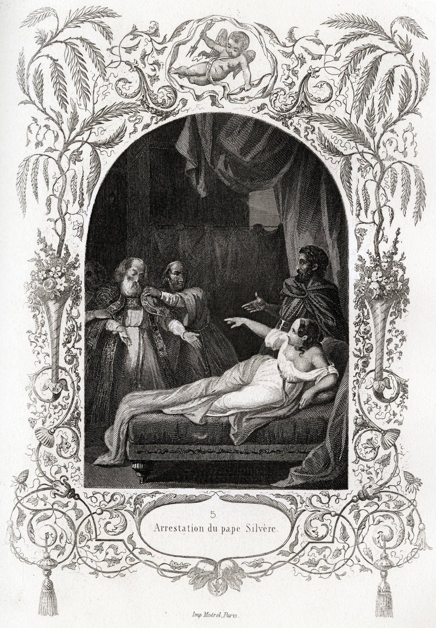 逮捕教皇 Silvere (Silverio)（教皇从 536 年到 537 年）。 Maurice Lachatre（1814-1900 年）为说明教皇历史而雕刻，巴黎进步图书馆。 作者 法语学校