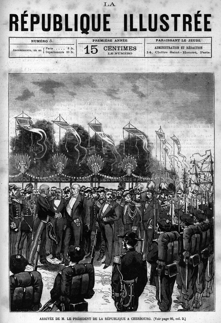 共和国总统儒勒-格雷维（1807-1891）抵达瑟堡庆祝活动现场。一份报纸。1880年的版画，收藏于 "La republique illustrstree "私人收藏馆。 作者 法语学校