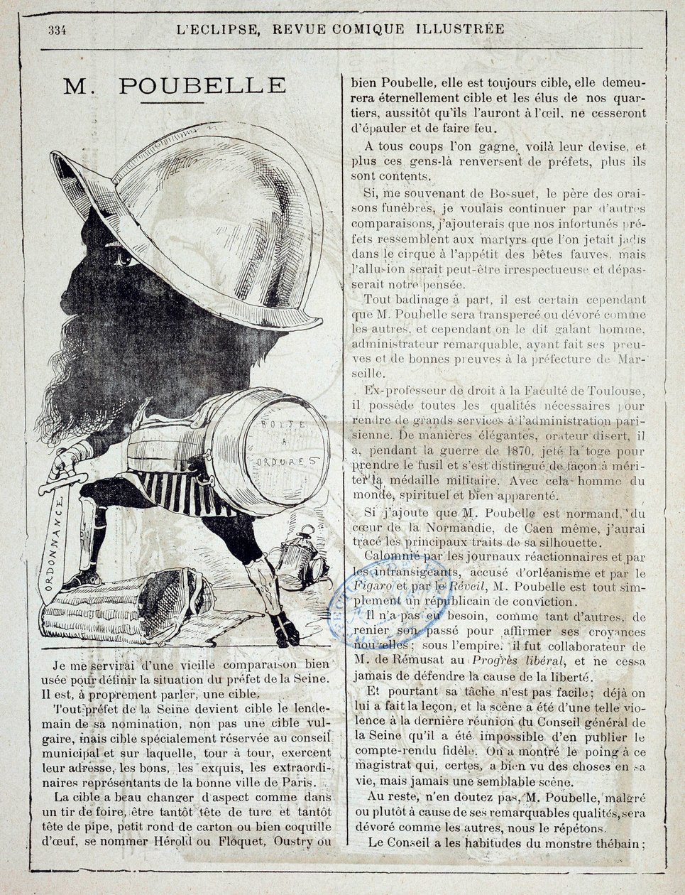 关于尤金-普贝尔（1831-1907）的文章和漫画，他是塞纳河的预言家和1884年的垃圾桶发明者。10/04/1885.巴黎，警备区 作者 法语学校