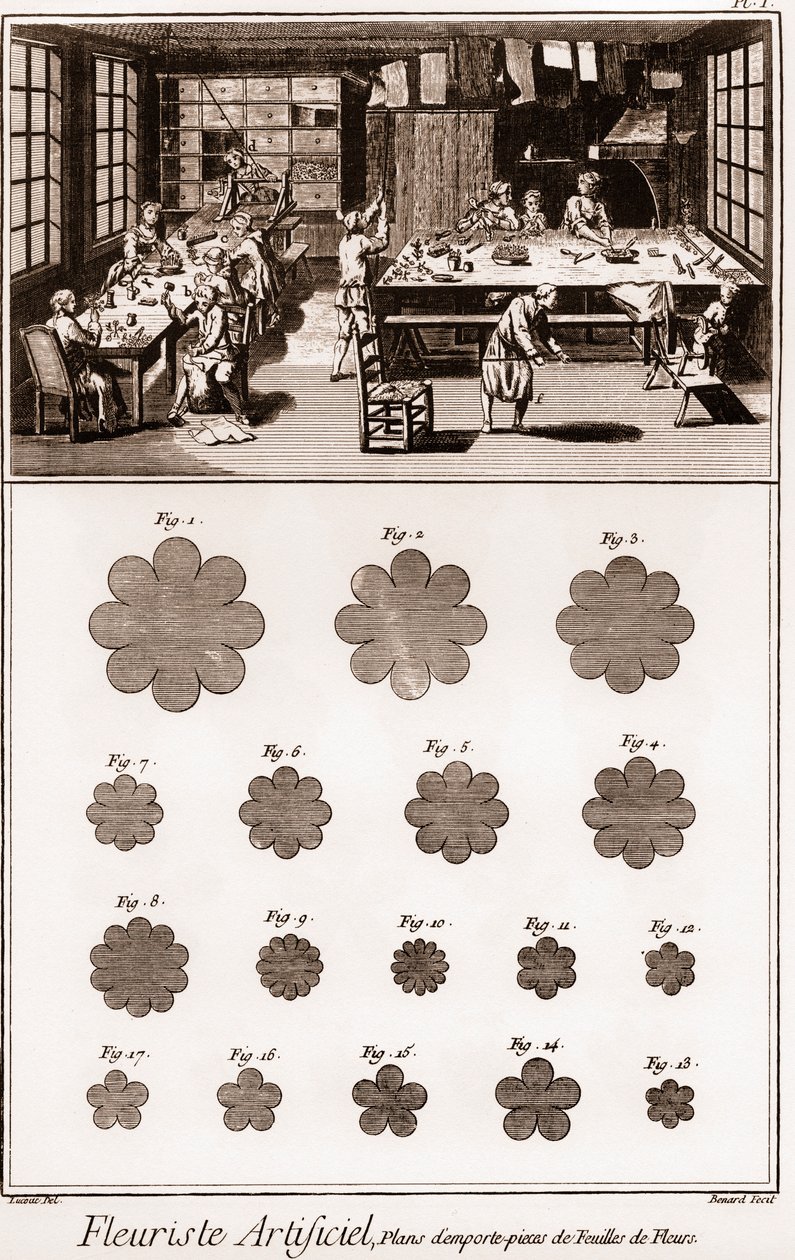 人造花艺师工作室。丹尼斯-狄德罗（1713-1784）和让-达朗贝尔（1717-1783）的《科学、艺术和职业的百科全书或词典》。 作者 法语学校
