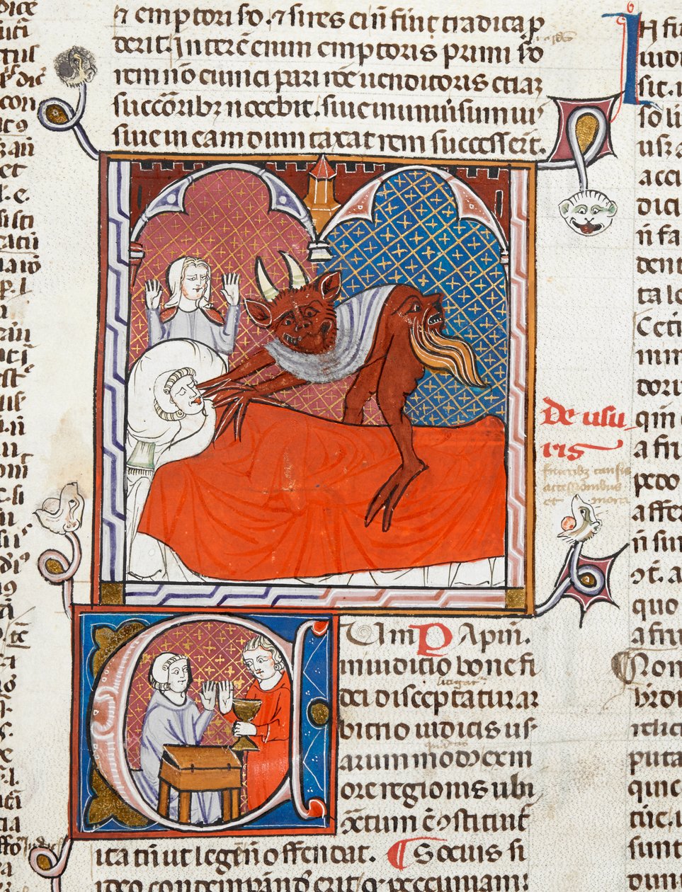 Arundel 484 f.245 死人床上的魔鬼或恶魔，选自《Digestum Vetus》的插图，有 ordinaria gloss，作者查士丁尼，约 1300-10 年（牛皮纸） 作者 法语学校