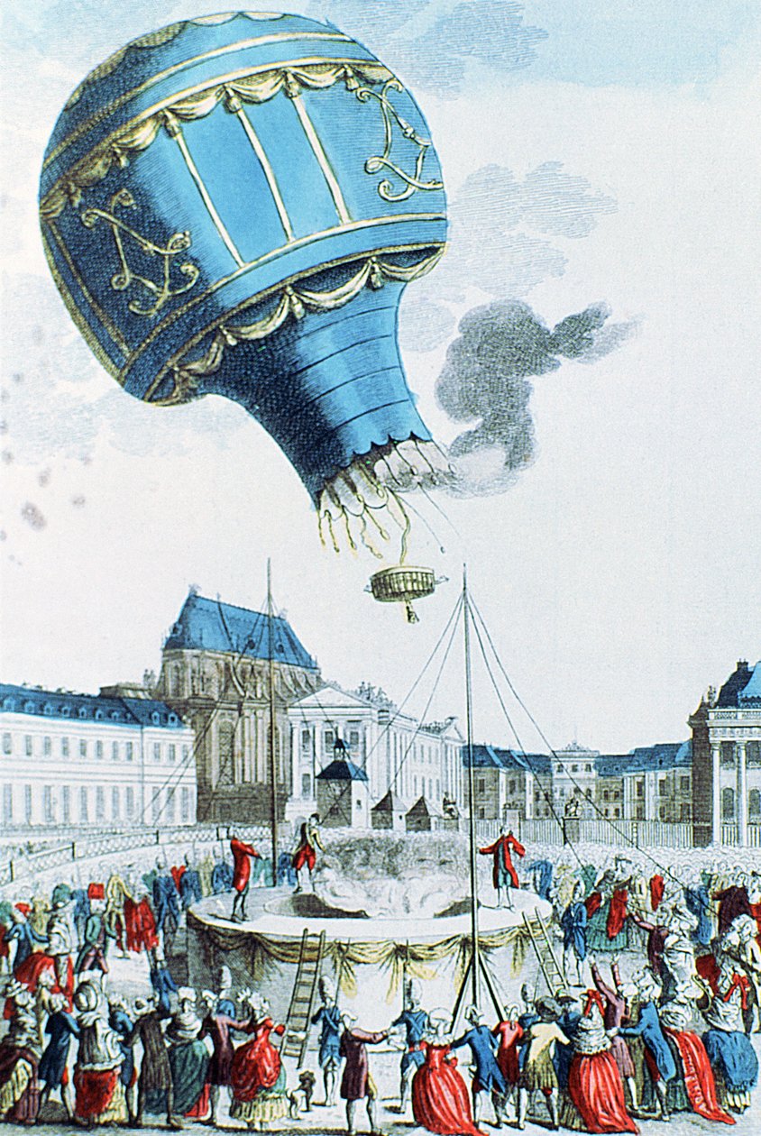 1783年在凡尔赛王室前登上Montgolfier兄弟热气球（彩色雕刻） 作者 法语学校