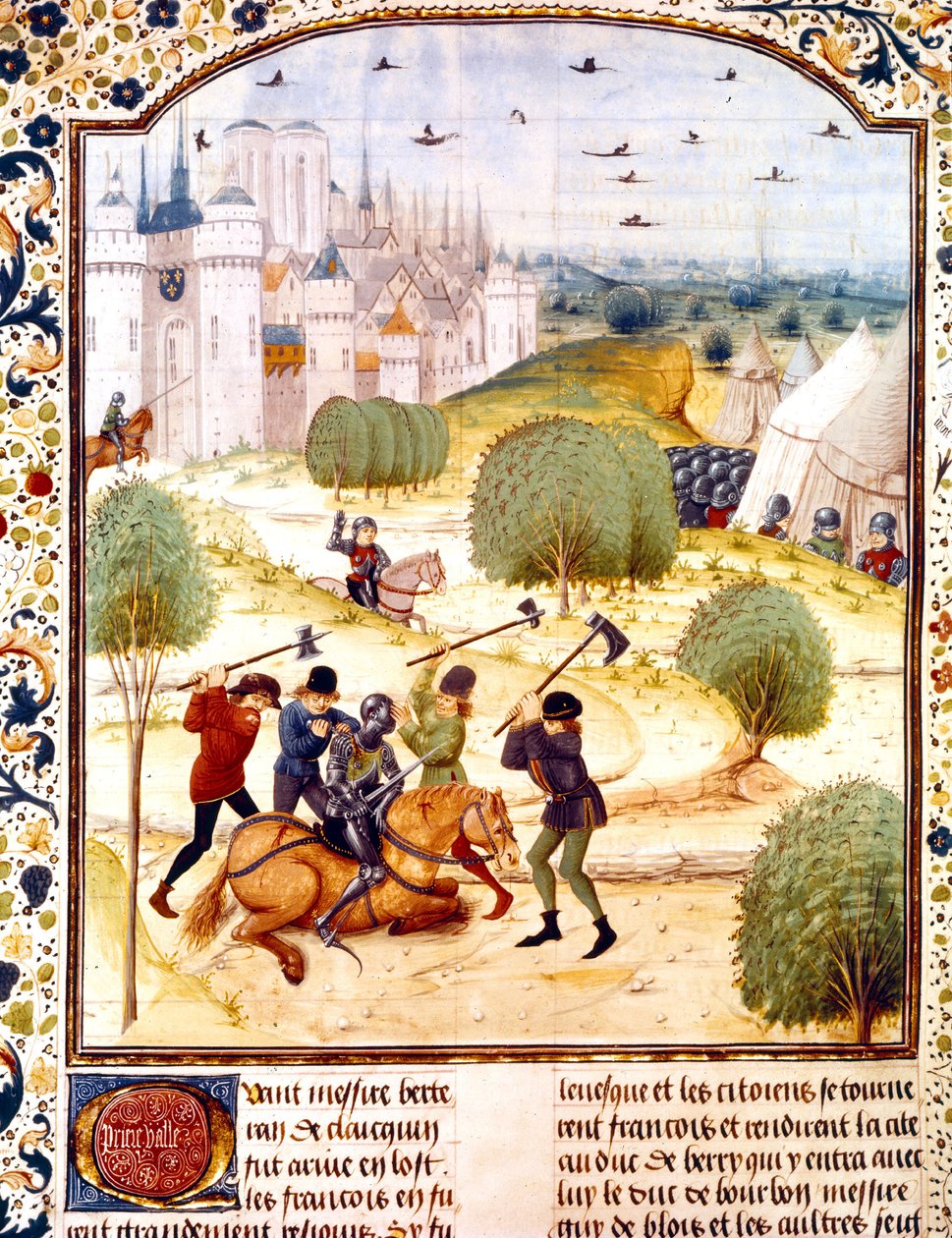 1437 年一名英国骑士在巴黎郊外遇刺（100 年战争），来自 Jean de Wavrin 撰写的《英格兰编年史》的插图 作者 法语学校