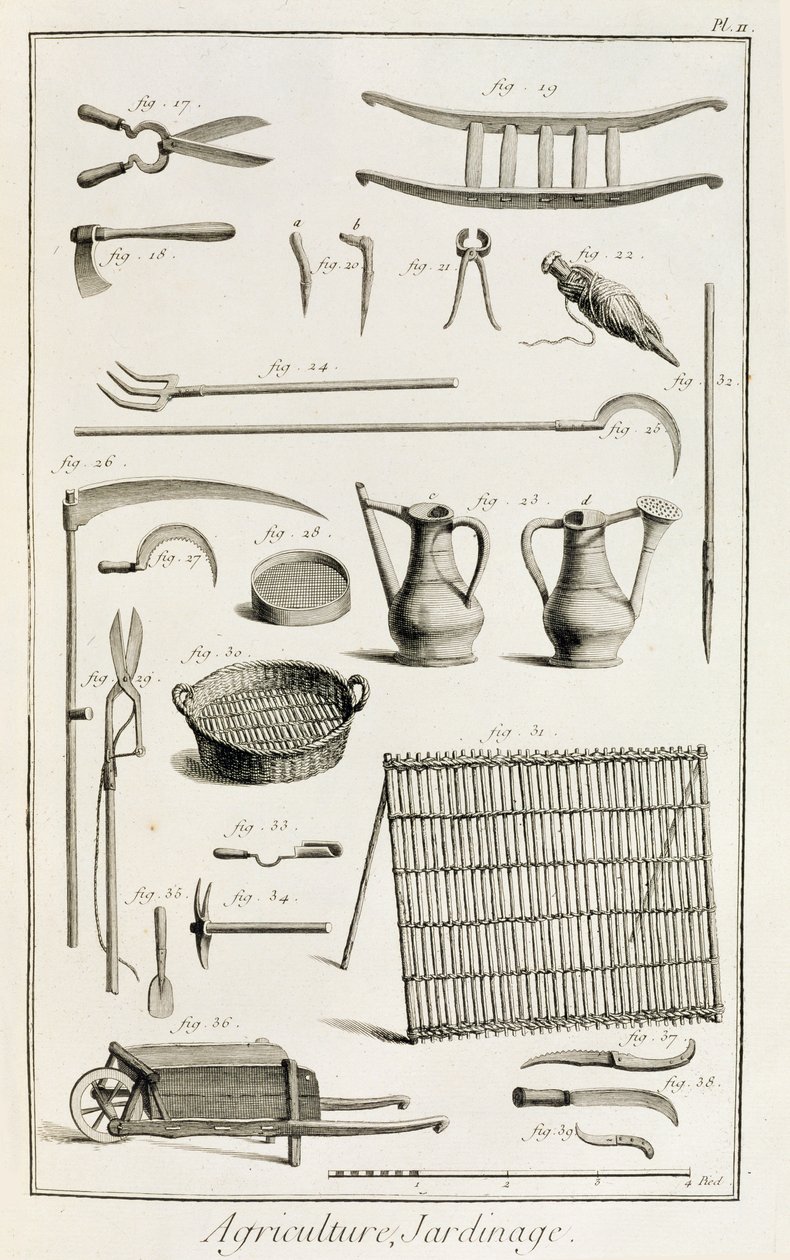 各种各样的园艺工具，来自Denis Diderot的Encyclopedie des Sciences et Metiers（1713-84）发表于1770年 作者 法语学校