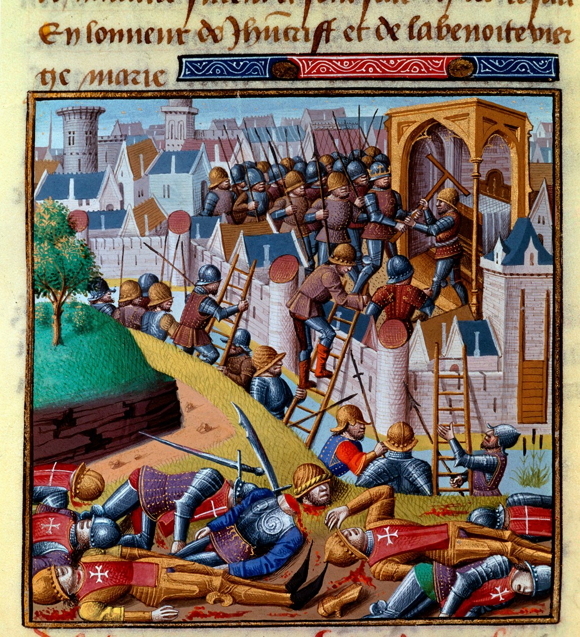 攻打坚固城镇 文森特-德-博韦（Vincent de Beauvais，1190-1264 年）的《Le miroir historial》（Speculum Historiale）中的微型画，由让-德-维涅翻译成法文 作者 法语学校
