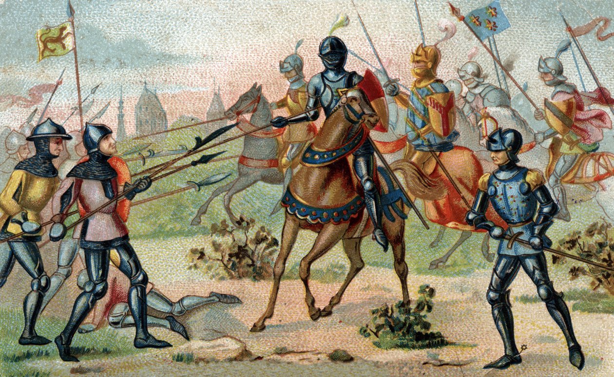 1382年11月27日的ROSEBECQUE战役（比利时Rozebeke）。19世纪末的彩色石版画。 作者 法语学校