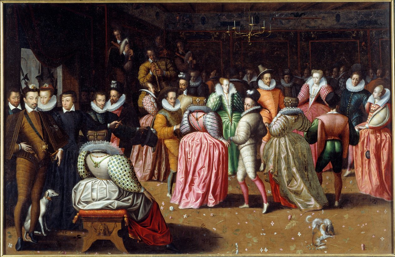 Bal 在国王亨利三世和王后凯瑟琳·德·美第奇 (Catherine de Medicis) 的宫廷中被称为阿朗松公爵的 Bal 君主代表在左边，包括玛格特王后 (Margarita of Navarre or Valois (1553-1615)）。 F的绘画 作者 法语学校