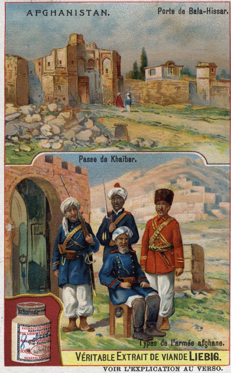 Bala-Hissar Gate in Afghanistan and soldiers of the Afghan army at the Khaiber crossing. Advertising chromolithography of the 19th century. 作者 法语学校