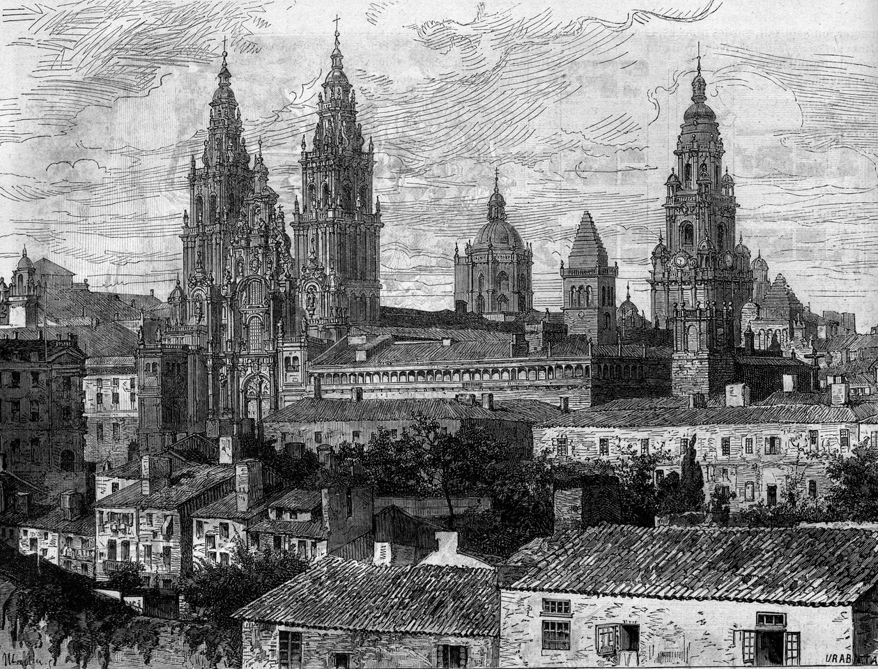 巴洛克艺术：圣地亚哥-德孔波斯特拉大教堂（Santiago de Compostela）的景色。西班牙。1880年8月14日《世界画报》第1220期上的版画。 作者 法语学校
