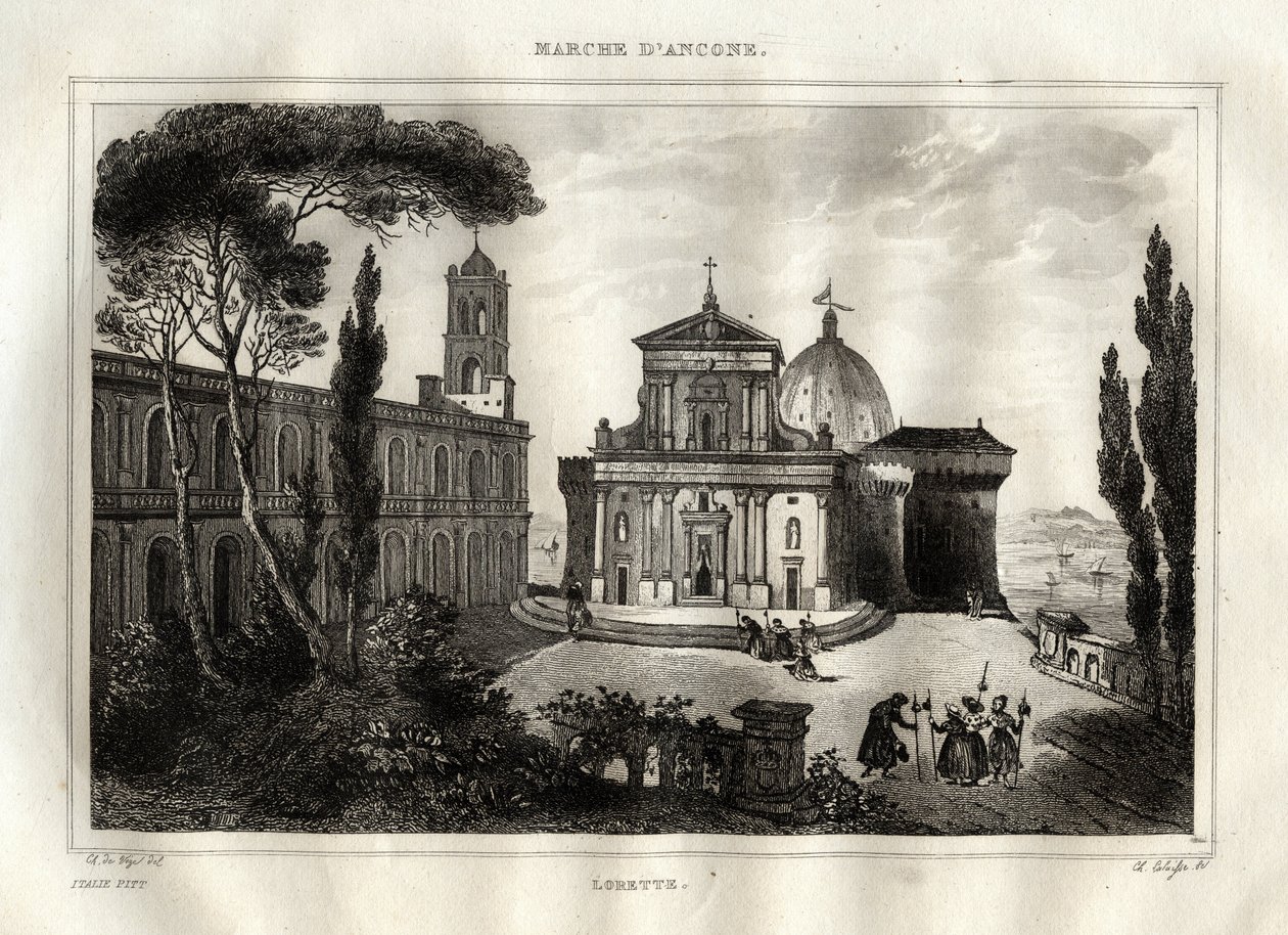 Basilica della Santa Casa - Loreto - Sanctuary of Lorette - Loreto - Basilica of Our Lady of Loreto - Holy House of Loreto or House of Nazareth - Engraving from "Picturesque Italy" - Historical and Descriptive Painting of Italy" by M. de Norvins, Ch. N. 作者 法语学校