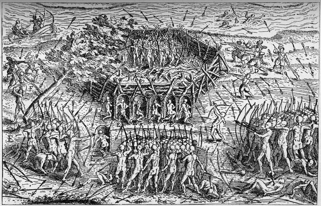 塞缪尔-德-尚普兰（约1567-1635）的法国军队与易洛魁人之间的战斗。加拿大，17世纪初。在 "海洋和殖民地：商业 "中的雕刻。 作者 法语学校