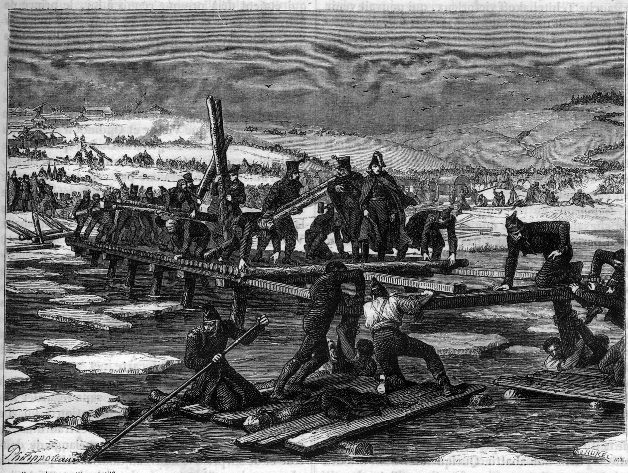Battle of Berezina, 26th-29th November 1812, a catastrophic defeat for Napoleon during his retreat from Russia - Russian campaign, retreat: construction of two bridges over the Berezina by the bridge sappers of the Great Armee under the responsibility of G 作者 法语学校