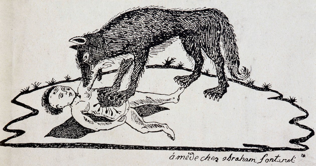 野兽撕裂了一个孩子（Gévaudan 的野兽） - 木版画出版于 Mende (Archives du Puy-de-Dôme) 作者 法语学校