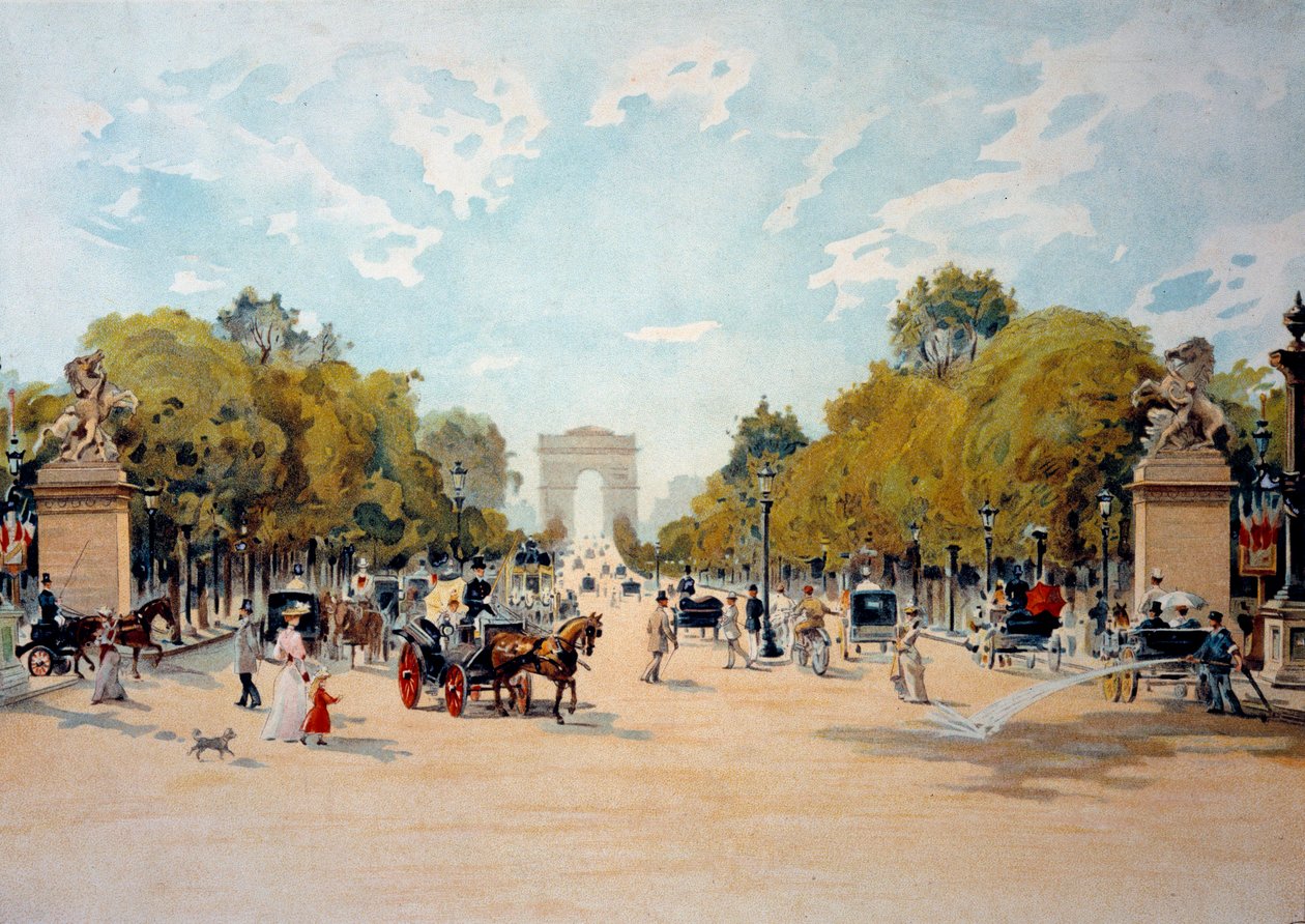 Belle Epoque：巴黎香榭丽舍大道和凯旋门的景色。 1895 年的匿名水彩画。巴黎，装饰艺术 作者 法语学校