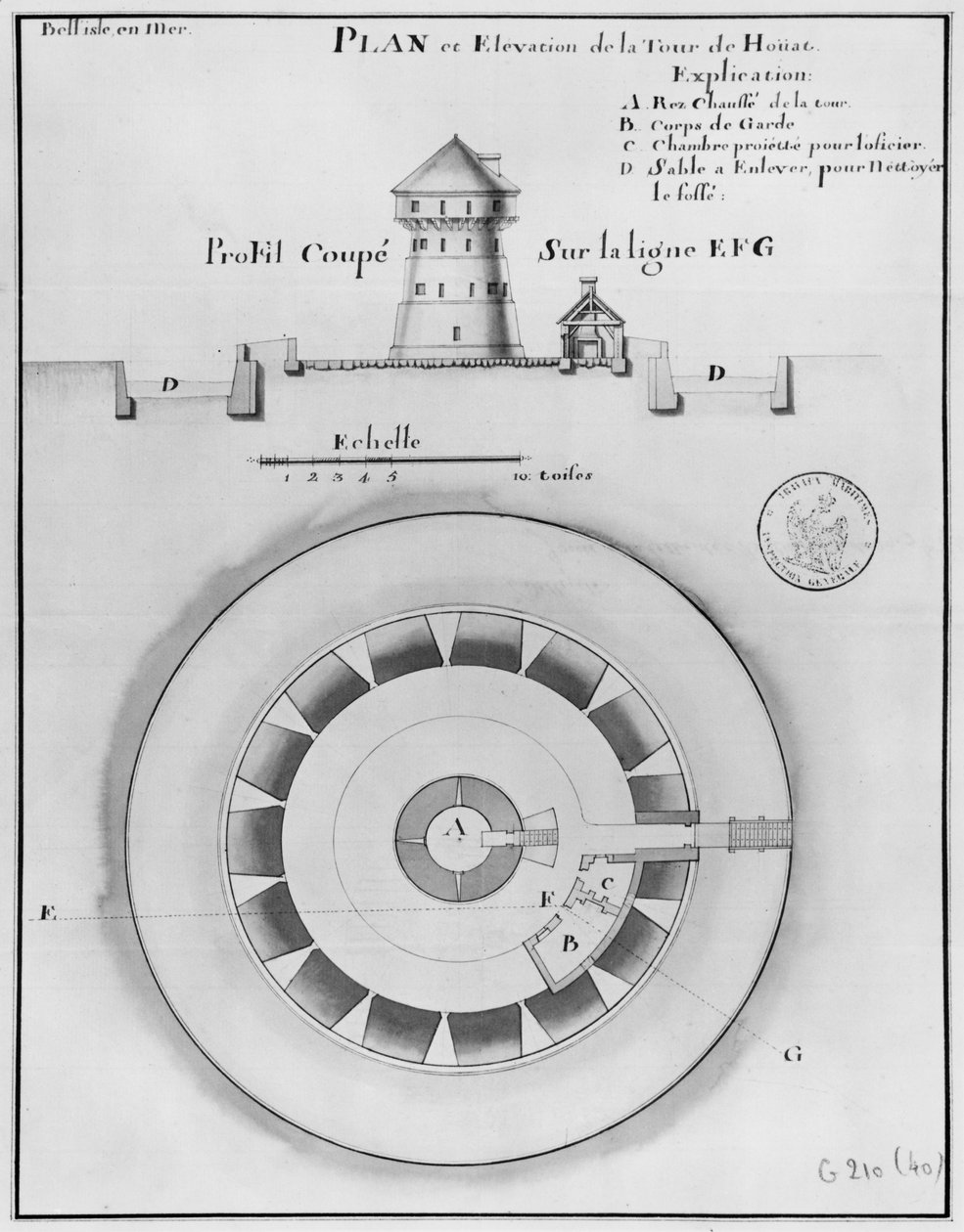 Belle Isle en Mer，1745年Houat塔的平面图和立面图（笔和墨水在纸上） 作者 法语学校