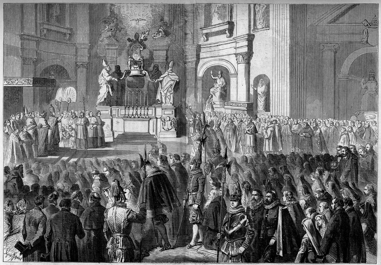 Benediction by Pope Pius IX (1792-1878) of the altar of the pulpit of the Church of St. Peter in Rome, after restoration. Altar built between 1656 and 1658 by Gianlorenzo Bernini (Bernini 作者 法语学校