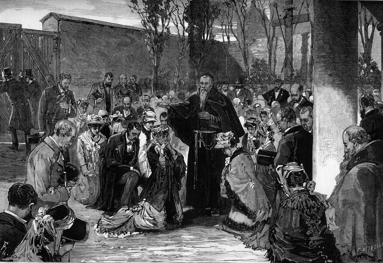 1880年10月30日，在巴黎圣街的卡普钦教派法庭上，信徒们在朱尔-费里于1880年3月颁布的法令后被驱逐之前，该法令取消了对未经授权的宗教成员的教育权。 作者 法语学校