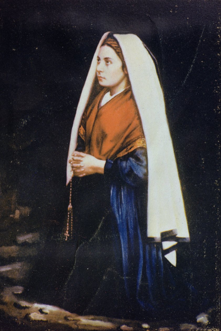 Bernadette Soubirous，来自一幅 19 世纪末的画作（彩色照片装在卡片上） 作者 法语学校