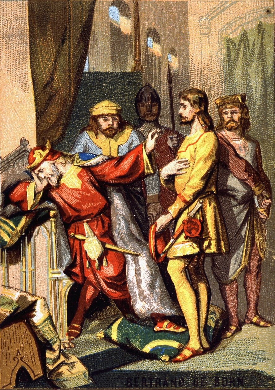 Bertran (Bertrand) de Born (1140 - 1215) troubadour perigordin，Hautefort的领主，在英国的亨利二世（1133 - 1189）之前。"通过图像进行爱国主义教育 "系列的彩色石版画。 作者 法语学校