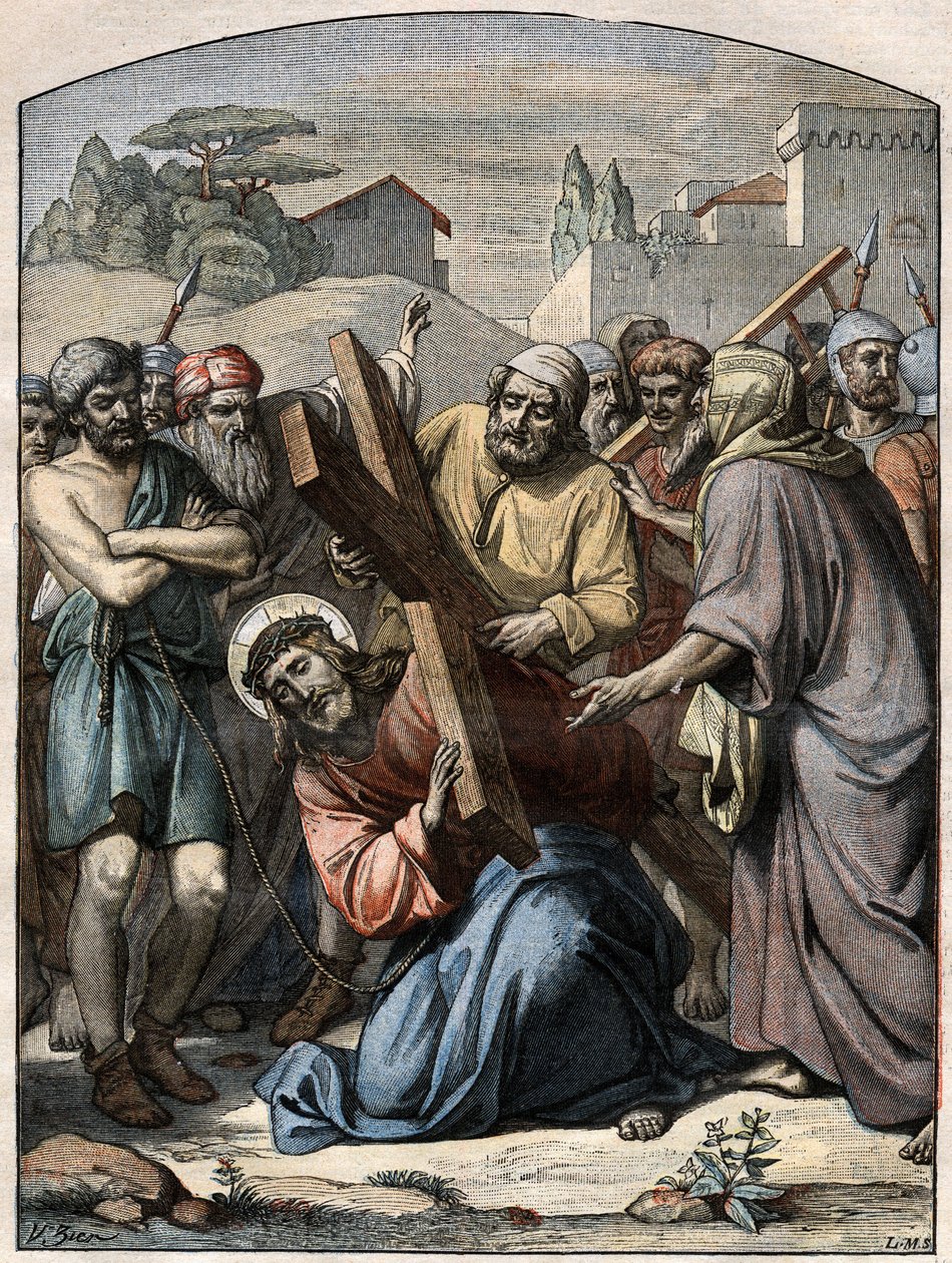 Bible Scene - Way of the Cross: Jesus helps by Simon of Cyrene (the Cyrenean). Engraving in “” Le Pelerin”” of 13 September 1896. 作者 法语学校