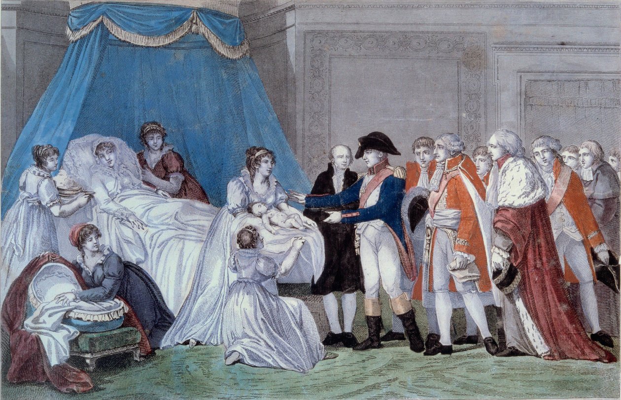 Birth of the King of Rome Napoleon II (Francois Charles Joseph Napoleon Bonaparte) (1811-1832): ceremony of the birth certificate of the son of Emperor Napoleon I (1769-1821) at the Palais des Tuileries on 20/03/1811. Engraving of the 19th century. Ile d