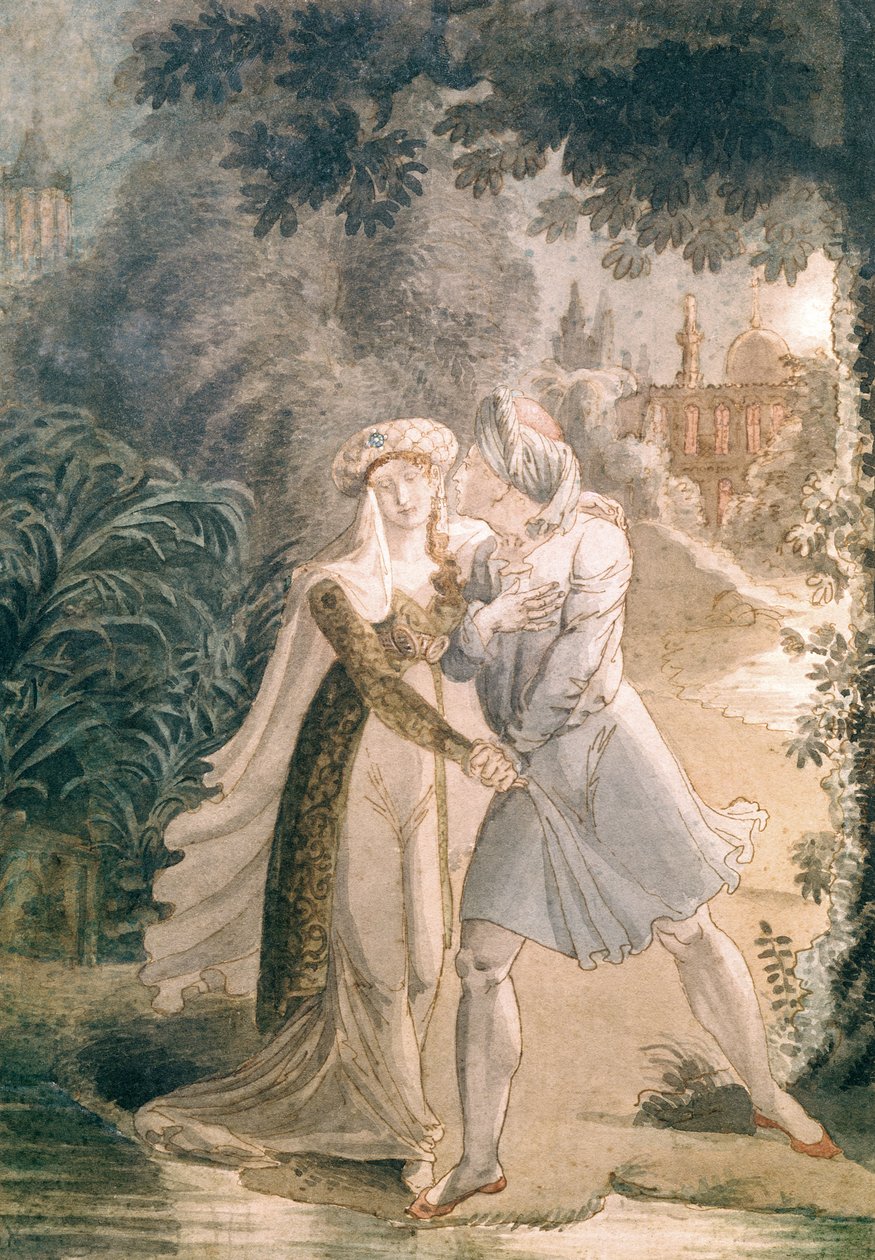 Blanca和Abon Hamet在阿尔罕布拉宫的花园中，来自Francois Rene的“Le Dernier des Abencerages”（1768-1848）Vicomte de Chateaubriand（纸笔和墨水纸上） 作者 法语学校
