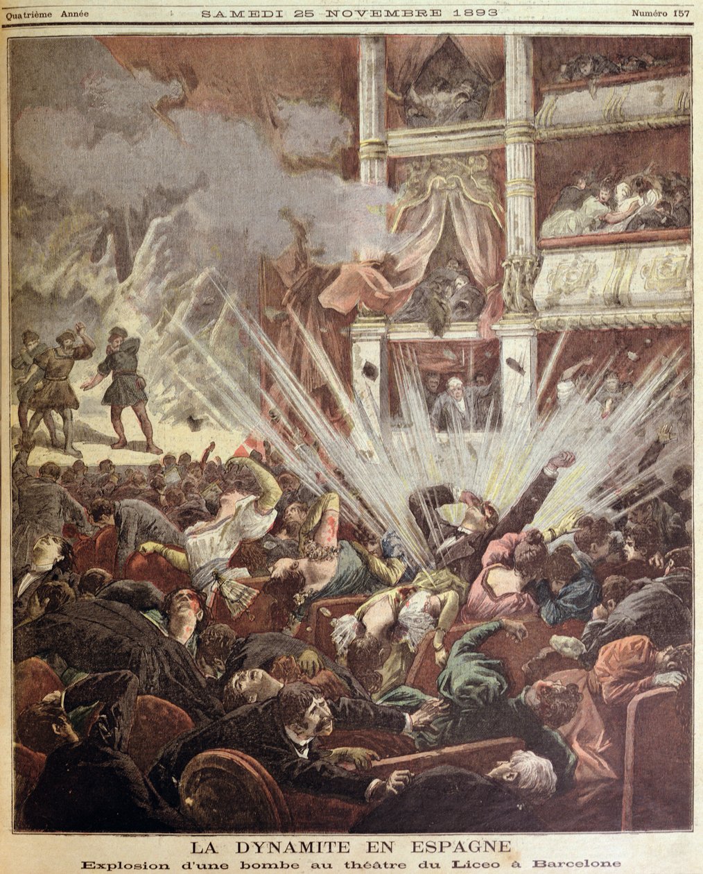 炸弹爆炸在Liceo剧院，巴塞罗那，例证从Le Petit学报，1893年11月25日 作者 法语学校