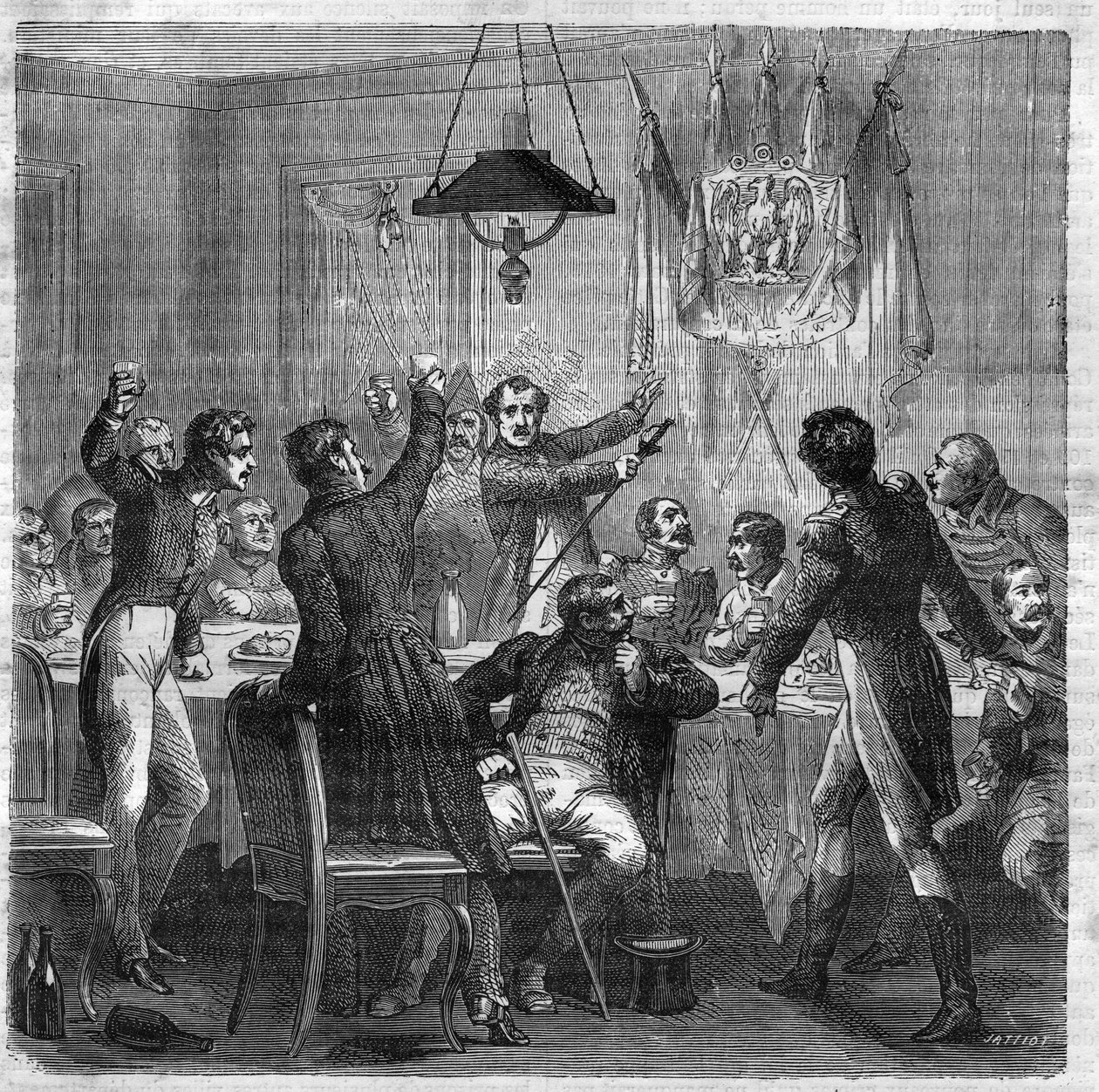 1814年4月6日第一帝国灭亡和1830年7月29日三光荣革命之间的复辟时期的波拿巴主义宴会。莫里斯-拉夏的《历代教皇、皇后和皇帝的历史》中的版画 作者 法语学校