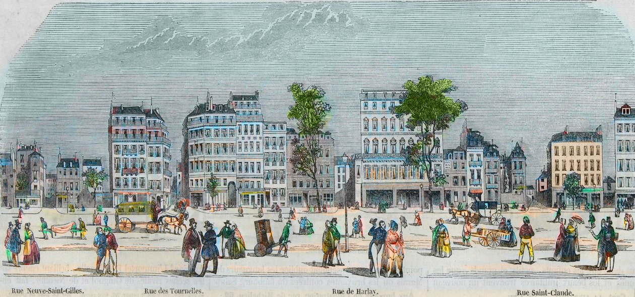 博马舍大道南侧--新圣吉尔街--Tournelles街--Harlay街--Saint-Claude街--Edmond Texier在1852年所作的《巴黎表》中的雕刻。 作者 法语学校
