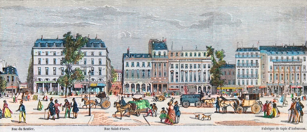 Boulevard Poissonniere cote sud - Rue du Sentier - Rue Saint Fiacre - Edmond Texier 1852年在 "Tableau-de-Paris "上的版画。 作者 法语学校