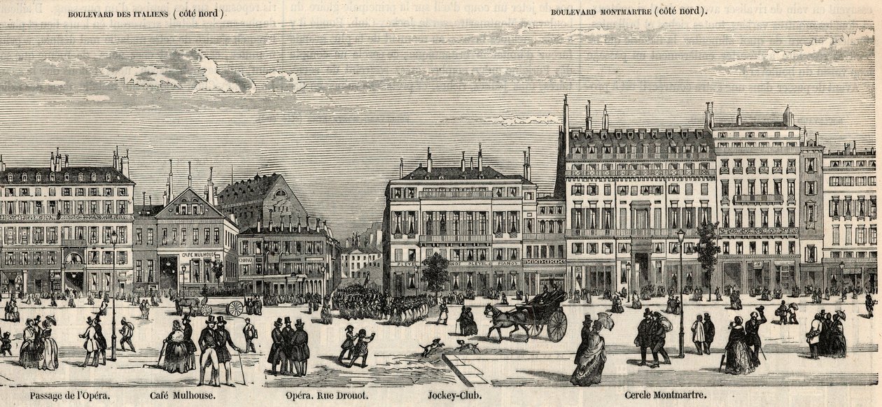 意大利大道和蒙马特大道 - Cafe Mulhouse - Cercle Montmartre - 赛马俱乐部 - Edmond Texier 1852 年在“Tableau-de-Paris”中雕刻 - 作者 法语学校