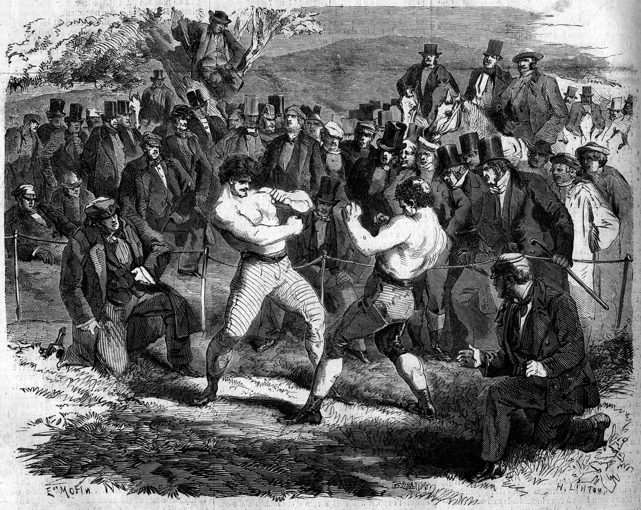 4月17日，英国人托马斯-赛尔斯（1826-1865）和美国人约翰-卡梅尔-希南（1833-1873）在英国奥尔德肖特举行的拳击比赛。 作者 法语学校