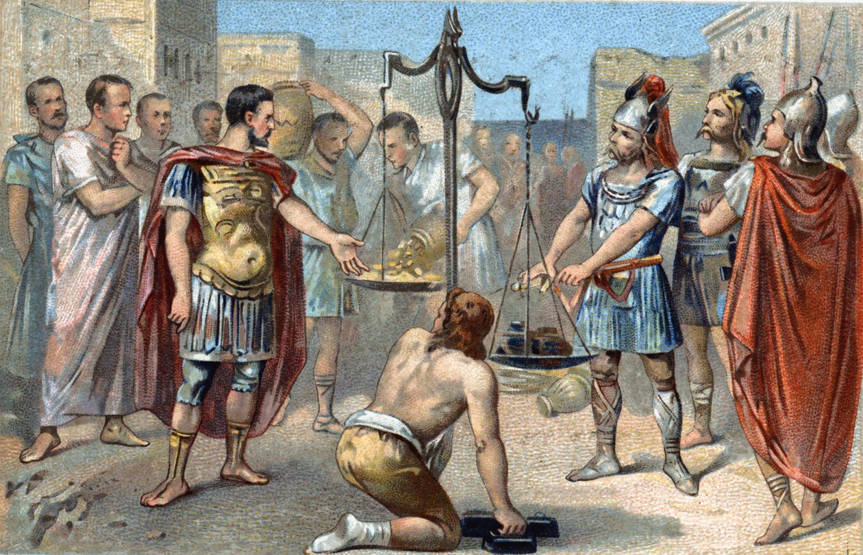 Brennus leader of the Gallic tribe of the Senons pronounces the fateful Vae victis (Woe to the defeated!) throwing his heavy sword into the plateau of the scale, which counterweighed the golden tribute he demanded of the Romans to raise the siege of the Ca 作者 法语学校