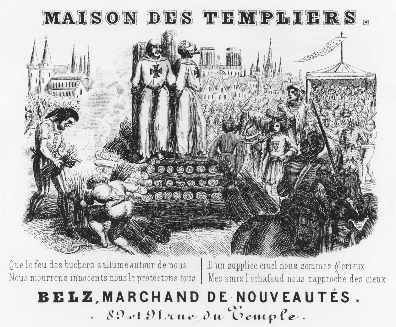 燃烧的圣殿骑士，一个布料商店的标题，Maison des Templiers，Belz，rue du Temple，巴黎，c.1840 作者 法语学校